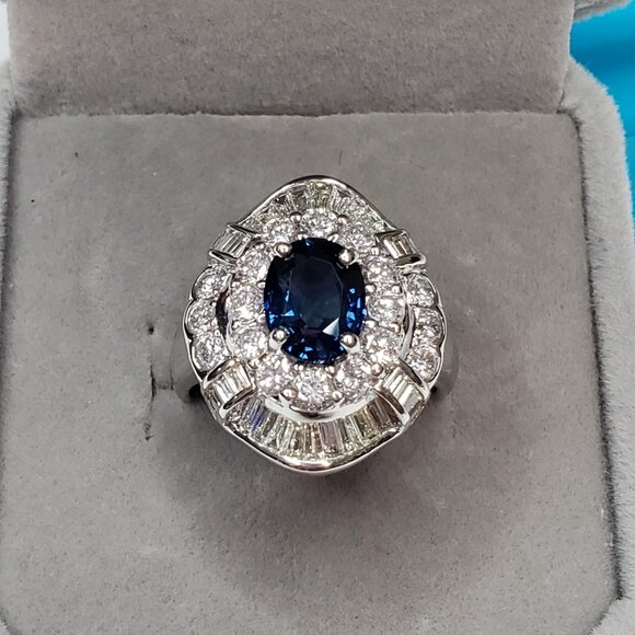 Luxury Blue Sapphire and Diamond In 18k White Gold Ring Classy and Elegant - Picture 12 of 16